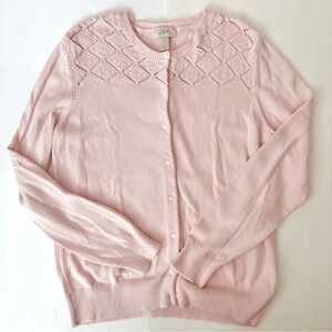 LOFT Light Pink Cardigan Sweater Button Front XL Long Sleeve Eyelet Knit Cozy